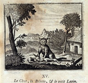 Kot, łasica i mały królik. Bajki Jean de La Fontaine (1621-95). Ilustracja François Chauveau (1613-1676). Wydanie z 1728 r. autorstwa Francois Chauveau