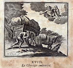 Charter się niepokoi. Bajki Jean de La Fontaine (1621-95). Ilustracja François Chauveau (1613-1676). Wydanie z 1728 r. autorstwa Francois Chauveau