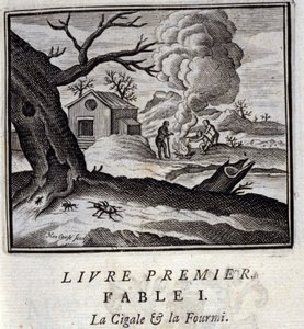 Cigale i mrówka. Bajki Jean de La Fontaine (1621-95). Ilustracja François Chauveau (1613-1676). Wydanie z 1728 r. autorstwa Francois Chauveau