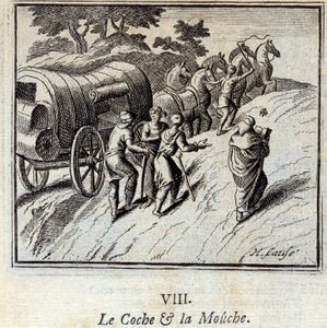 Coche i mucha. Bajki Jean de La Fontaine (1621-95). Ilustracja Francois Chauveau (1613-1676). Wydanie z 1728 r. autorstwa Francois Chauveau