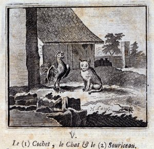Koszet Kot i Mysz. Bajki Jean de La Fontaine (1621-95). Ilustracja autorstwa François Chauveau (1613-1676). Wydanie z 1728 r. autorstwa Francois Chauveau