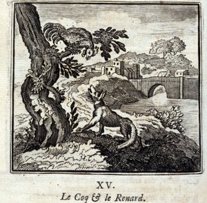 Coq i lis. Bajki Jean de La Fontaine (1621-95). Ilustracja Francois Chauveau (1613-1676). Wydanie z 1728 r. autorstwa Francois Chauveau