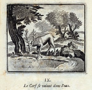 Jeleń widząc siebie w wodzie. Bajki Jean de La Fontaine (1621-95). Ilustracja François Chauveau (1613-1676). Wydanie z 1728 r. autorstwa Francois Chauveau