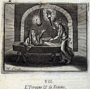 Pijany i jego żona. Bajki Jean de La Fontaine (1621-95). Ilustracja autorstwa François Chauveau (1613-1676). Wydanie z 1728 r. autorstwa Francois Chauveau