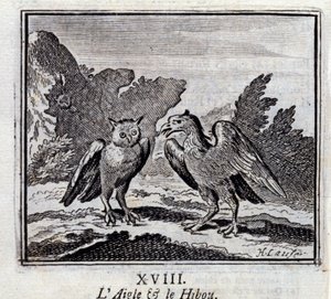 Orzeł i Sowa. Bajki Jean de La Fontaine (1621-95). Ilustracja François Chauveau (1613-1676). Wydanie z 1728 r. autorstwa Francois Chauveau