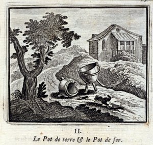 Garnek na ziemię i żelazny garnek. Bajki Jean de La Fontaine (1621-95). Ilustracja François Chauveau (1613-1676). Wydanie z 1728 r. autorstwa Francois Chauveau