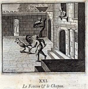 Sokół i kapon. Bajki Jean de La Fontaine (1621-95). Ilustracja autorstwa François Chauveau (1613-1676). Wydanie z 1728 r. autorstwa Francois Chauveau