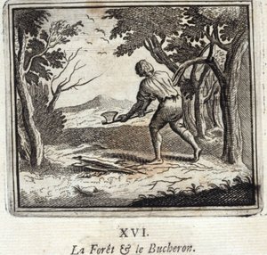 Las i Bucheron. Bajki Jean de La Fontaine (1621-95). Ilustracja Francois Chauveau (1613-1676). Wydanie z 1728 r. autorstwa Francois Chauveau