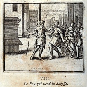 Fou, który sprzedaje mądrość. Bajki Jean de La Fontaine (1621-95). Ilustracja Francois Chauveau (1613-1676). Wydanie z 1728 r. autorstwa Francois Chauveau
