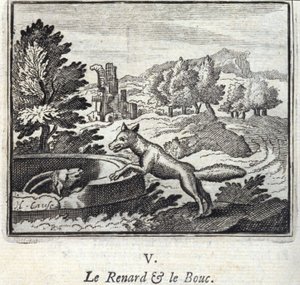 The Fox and the Bouc.Fables Jean de La Fontaine (1621-95). Ilustracja François Chauveau (1613-1676). Wydanie z 1728 r. autorstwa Francois Chauveau