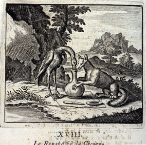 Lis i bocian. Bajki Jean de La Fontaine (1621-95). Ilustracja Francois Chauveau (1613-1676). Wydanie z 1728 r. autorstwa Francois Chauveau