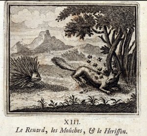 Lis, muchy i Herisson. Bajki Jean de La Fontaine (1621-95). Ilustracja François Chauveau (1613-1676). Wydanie z 1728 r. autorstwa Francois Chauveau