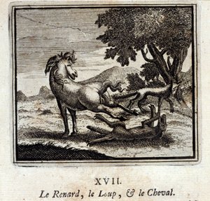 Lis, Wilk i Koń. Bajki Jean de La Fontaine (1621-95). Ilustracja autorstwa François Chauveau (1613-1676). Wydanie z 1728 r.