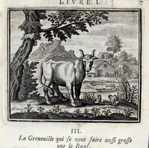 Żaba, która chce być tak duża jak Wołowina. Bajki Jean de La Fontaine (1621-95). Ilustracja autorstwa François Chauveau (1613-1676). Wydanie z 1728 r. autorstwa Francois Chauveau