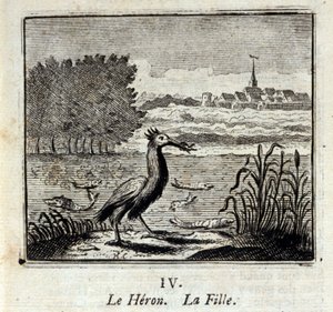 Czapla. Bajki Jean de La Fontaine (1621-95). Ilustracja autorstwa François Chauveau (1613-1676). Wydanie z 1728 r. autorstwa Francois Chauveau