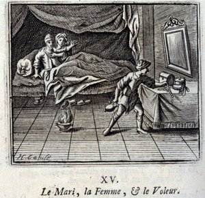 Mąż, kobieta i złodziej. Bajki Jean de La Fontaine (1621-95). Ilustracja autorstwa François Chauveau (1613-1676). Wydanie z 1728 r. autorstwa Francois Chauveau