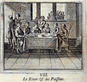 Śmiech i ryby. Bajki Jean de La Fontaine (1621-95). Ilustracja François Chauveau (1613-1676). Wydanie z 1728 r. autorstwa Francois Chauveau