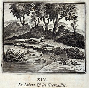 Lievre i żaby. Bajki Jean de La Fontaine (1621-95). Ilustracja François Chauveau (1613-1676). Wydanie z 1728 r. autorstwa Francois Chauveau
