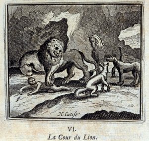 Dwór Lwa. Bajki Jean de La Fontaine (1621-95). Ilustracja François Chauveau (1613-1676). Wydanie z 1728 r. autorstwa Francois Chauveau