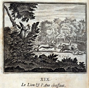 Polowanie na lwa i osła. Bajki Jean de La Fontaine (1621-95). Ilustracja François Chauveau (1613-1676). Wydanie z 1728 r. autorstwa Francois Chauveau