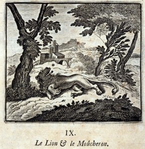 Lew i muchołówka. Bajki Jean de La Fontaine (1621-95). Ilustracja Francois Chauveau (1613-1676). Wydanie z 1728 r. autorstwa Francois Chauveau