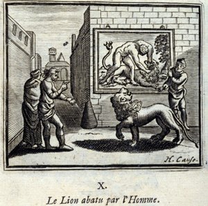 Lew zestrzelony przez człowieka. Bajki Jean de La Fontaine (1621-95). Ilustracja François Chauveau (1613-1676). Wydanie z 1728 r. autorstwa Francois Chauveau