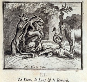 Lew, Wilk i Lis. Bajki Jean de La Fontaine (1621-95). Ilustracja François Chauveau (1613-1676). Wydanie z 1728 r. autorstwa Francois Chauveau