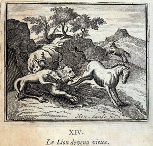 Lew zestarzał się. Bajki Jean de La Fontaine (1621-95). Ilustracja Francois Chauveau (1613-1676). Wydanie z 1728 r. autorstwa Francois Chauveau