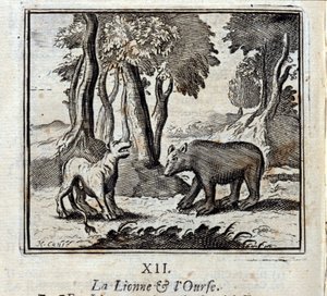 Lwica i Niedźwiedź. Bajki Jean de La Fontaine (1621-95). Ilustracja François Chauveau (1613-1676). Wydanie z 1728 r. autorstwa Francois Chauveau