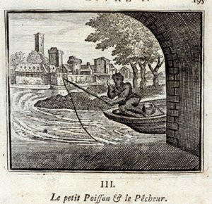 Mała Rybka i Rybak. Bajki Jean de La Fontaine (1621-95). Ilustracja autorstwa François Chauveau (1613-1676). Wydanie z 1728 r. autorstwa Francois Chauveau