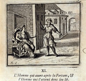 Człowieka, który biegnie za Fortuną i Człowieka, który czeka na niego w łóżku. Bajki Jean de La Fontaine (1621-95). Ilustracja François Chauveau (1613-1676). Wydanie z 1728 r. autorstwa Francois Chauveau