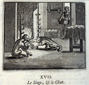 Małpa i kot. Bajki Jean de La Fontaine (1621-95). Ilustracja Francois Chauveau (1613-1676). Wydanie z 1728 r. autorstwa Francois Chauveau