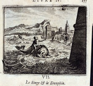 Małpa i delfin. Bajki Jean de La Fontaine (1621-95). Ilustracja Francois Chauveau (1613-1676). Wydanie z 1728 r. autorstwa Francois Chauveau