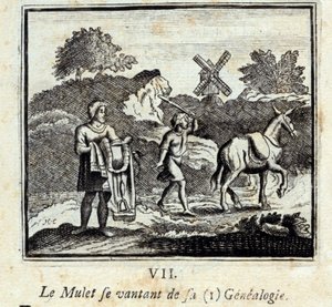 Mullet chwali się swoją genealogią. Bajki Jean de La Fontaine (1621-95). Ilustracja autorstwa François Chauveau (1613-1676). Wydanie z 1728 r. autorstwa Francois Chauveau