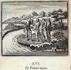 Noyee Kobieta. Bajki Jean de La Fontaine (1621-95). Ilustracja François Chauveau (1613-1676). Wydanie z 1728 r. autorstwa Francois Chauveau
