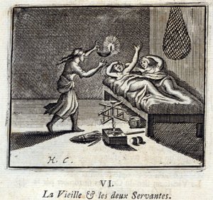 Staruszka i dwie sługi. Bajki Jean de La Fontaine (1621-95). Ilustracja autorstwa François Chauveau (1613-1676). Wydanie z 1728 r. autorstwa Francois Chauveau