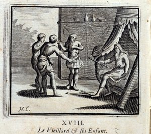 Stary człowiek i jego dzieci. Bajki Jean de La Fontaine (1621-95). Ilustracja François Chauveau (1613-1676). Wydanie z 1728 r. autorstwa Francois Chauveau