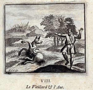 Stary człowiek i osioł. Bajki Jean de La Fontaine (1621-95). Ilustracja François Chauveau (1613-1676). Wydanie z 1728 r. autorstwa Francois Chauveau