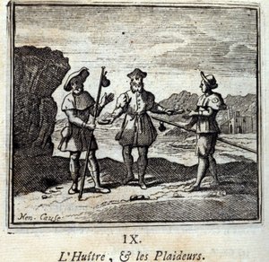 Ostryga i strony procesowe. Bajki Jean de La Fontaine (1621-95). Ilustracja autorstwa François Chauveau (1613-1676). Wydanie z 1728 r. autorstwa Francois Chauveau