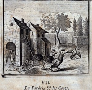 Kuropatwa i koguty. Bajki Jean de La Fontaine (1621-95). Ilustracja François Chauveau (1613-1676). Wydanie z 1728 r. autorstwa Francois Chauveau
