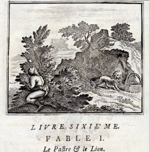 Patra i lew. Bajki Jean de La Fontaine (1621-95). Ilustracja François Chauveau (1613-1676). Wydanie z 1728 r. autorstwa Francois Chauveau