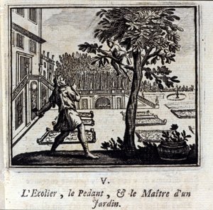 Szkoła Pedantów i Mistrz Ogrodu. Bajki Jean de La Fontaine (1621-95). Ilustracja François Chauveau (1613-1676). Wydanie z 1728 r. autorstwa Francois Chauveau