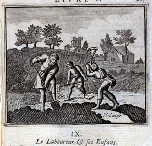 Ploureur i jego dzieci. Bajki Jean de La Fontaine (1621-95). Ilustracja Francois Chauveau (1613-1676). Wydanie z 1728 r. autorstwa Francois Chauveau