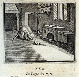Liga Szczurów. Bajki Jean de La Fontaine (1621-95). Ilustracja François Chauveau (1613-1676). Wydanie z 1728 r. autorstwa Francois Chauveau