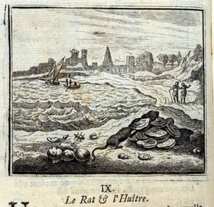 Szczur i Oyer. Bajki Jean de La Fontaine (1621-95). Ilustracja Francois Chauveau (1613-1676). Wydanie z 1728 r. autorstwa Francois Chauveau