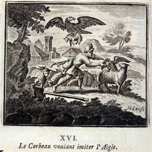 Kruk chcący naśladować Orła. Bajki Jean de La Fontaine (1621-95). Ilustracja François Chauveau (1613-1676). Wydanie z 1728 r. autorstwa Francois Chauveau