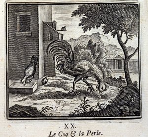 Kogut i perła. Bajki Jean de La Fontaine (1621-95). Ilustracja François Chauveau (1613-1676). Wydanie z 1728 r.