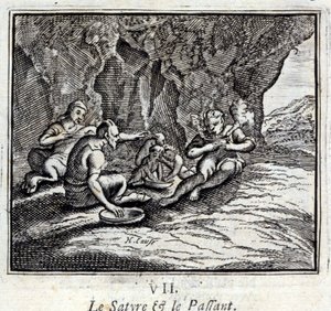 Satyr i pasażer. Bajki Jean de La Fontaine (1621-95). Ilustracja François Chauveau (1613-1676). Wydanie z 1728 r. autorstwa Francois Chauveau