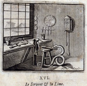 Wąż i wapno. Bajki Jean de La Fontaine (1621-95). Ilustracja Francois Chauveau (1613-1676). Wydanie z 1728 r. autorstwa Francois Chauveau