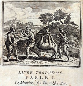 Sucker, jego syn i Osioł. Bajki Jean de La Fontaine (1621-95). Ilustracja François Chauveau (1613-1676). Wydanie z 1728 r. autorstwa Francois Chauveau